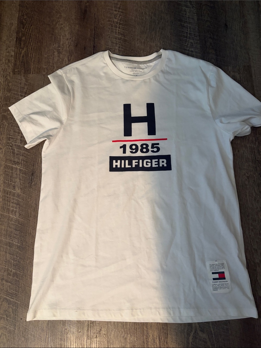 Tommy Hilfiger White T-Shirt with Navy H and Red Accent - 1985 Graphic